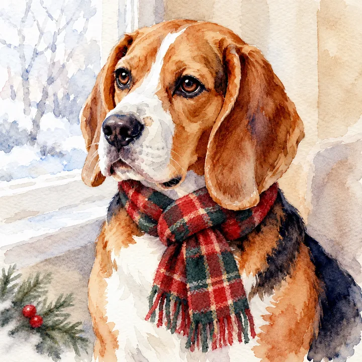 The same beagle watercolor with a red plaid scarf below the chin and a sprig of evergreen at the edge