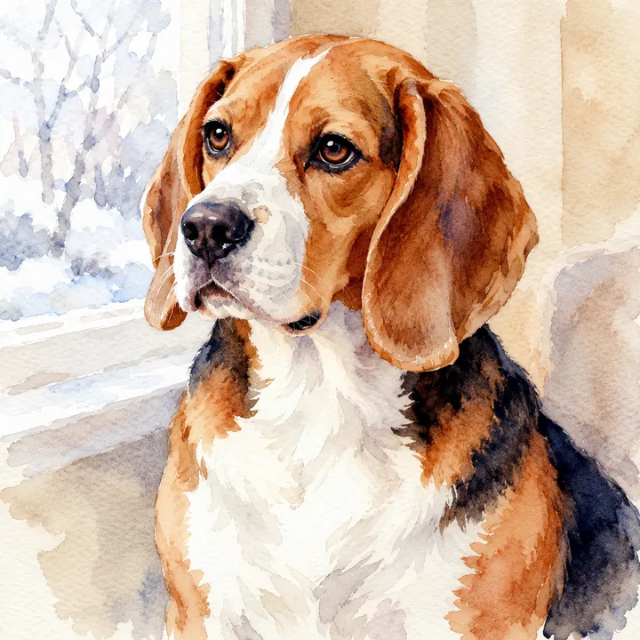 Watercolor portrait of a tricolor beagle by a winter window, with no festive additions
