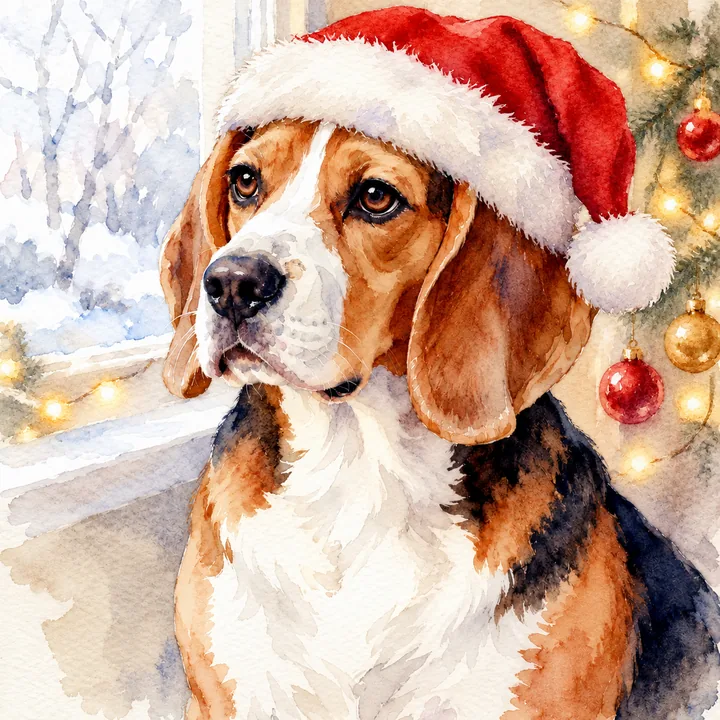 The same beagle watercolor wearing a Santa hat that covers the top of the head, with ornaments behind
