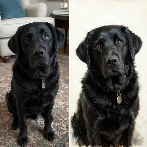 Custom pet portrait before and after