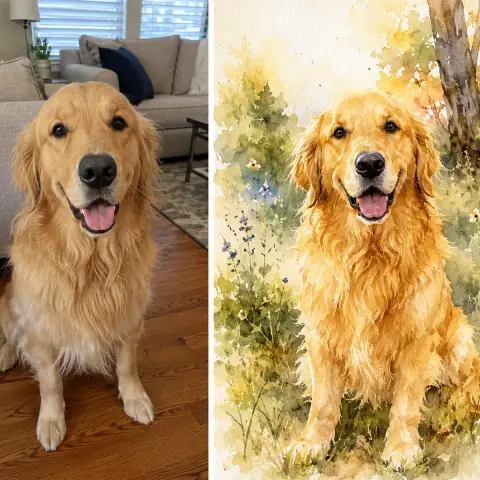 Custom pet portrait before and after