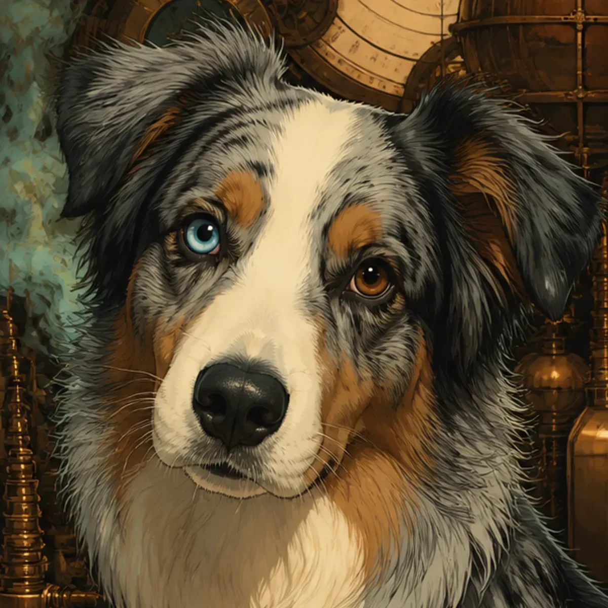 Custom anime portrait of an Australian Shepherd with merle coat pattern and striking multicolored eyes