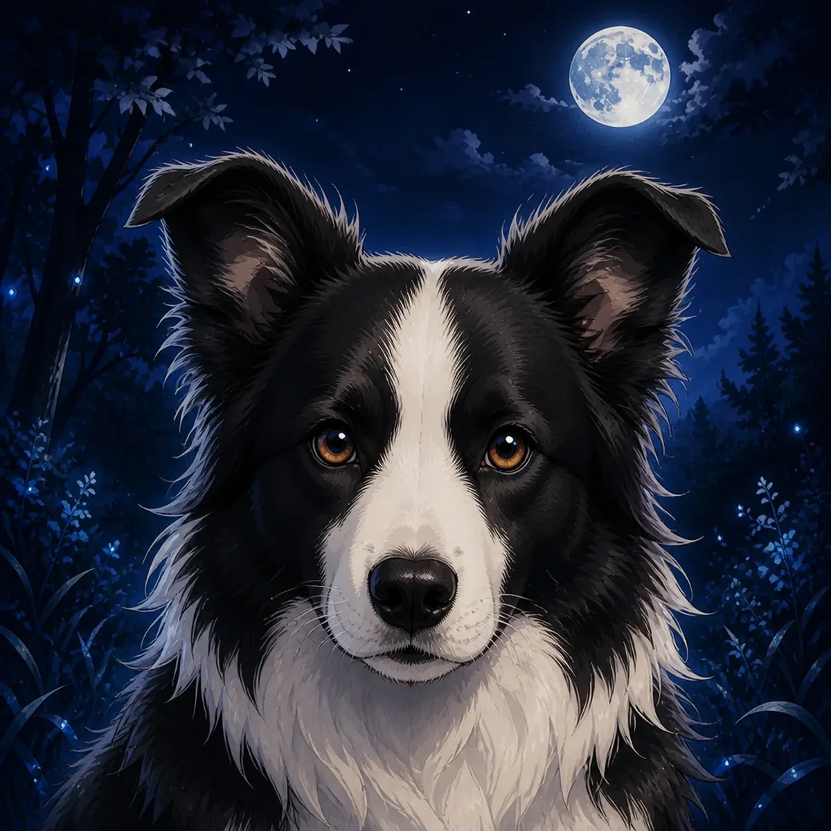 Custom anime portrait of a Border Collie with a black and white coat and an intense herding gaze