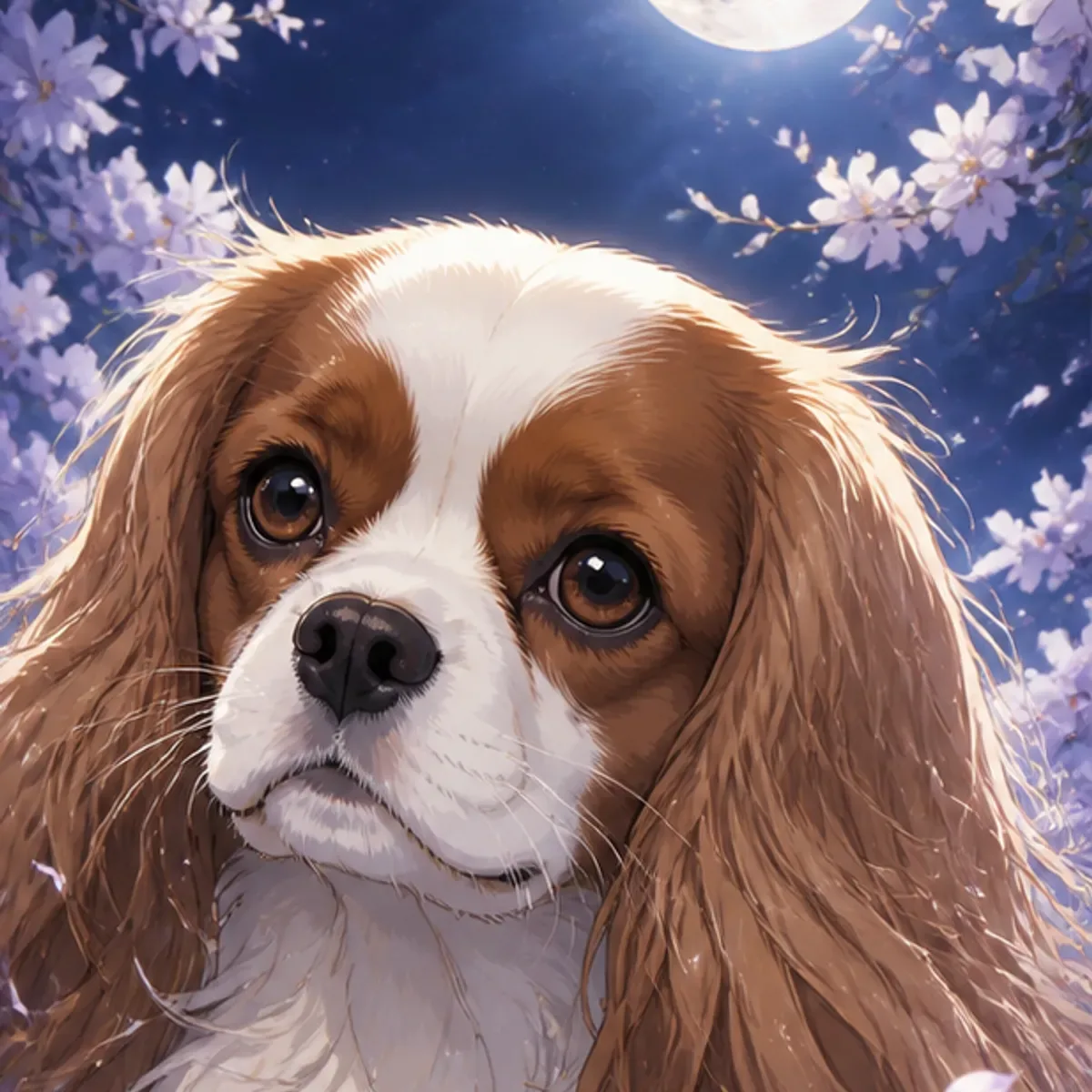 Custom anime portrait of a Cavalier King Charles Spaniel with large round dark eyes and long silky feathered ears