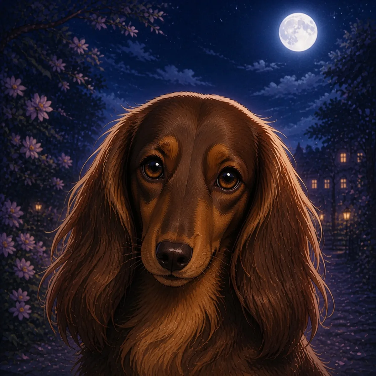 Custom anime portrait of a long-haired Dachshund with long silky ears and a confident expression