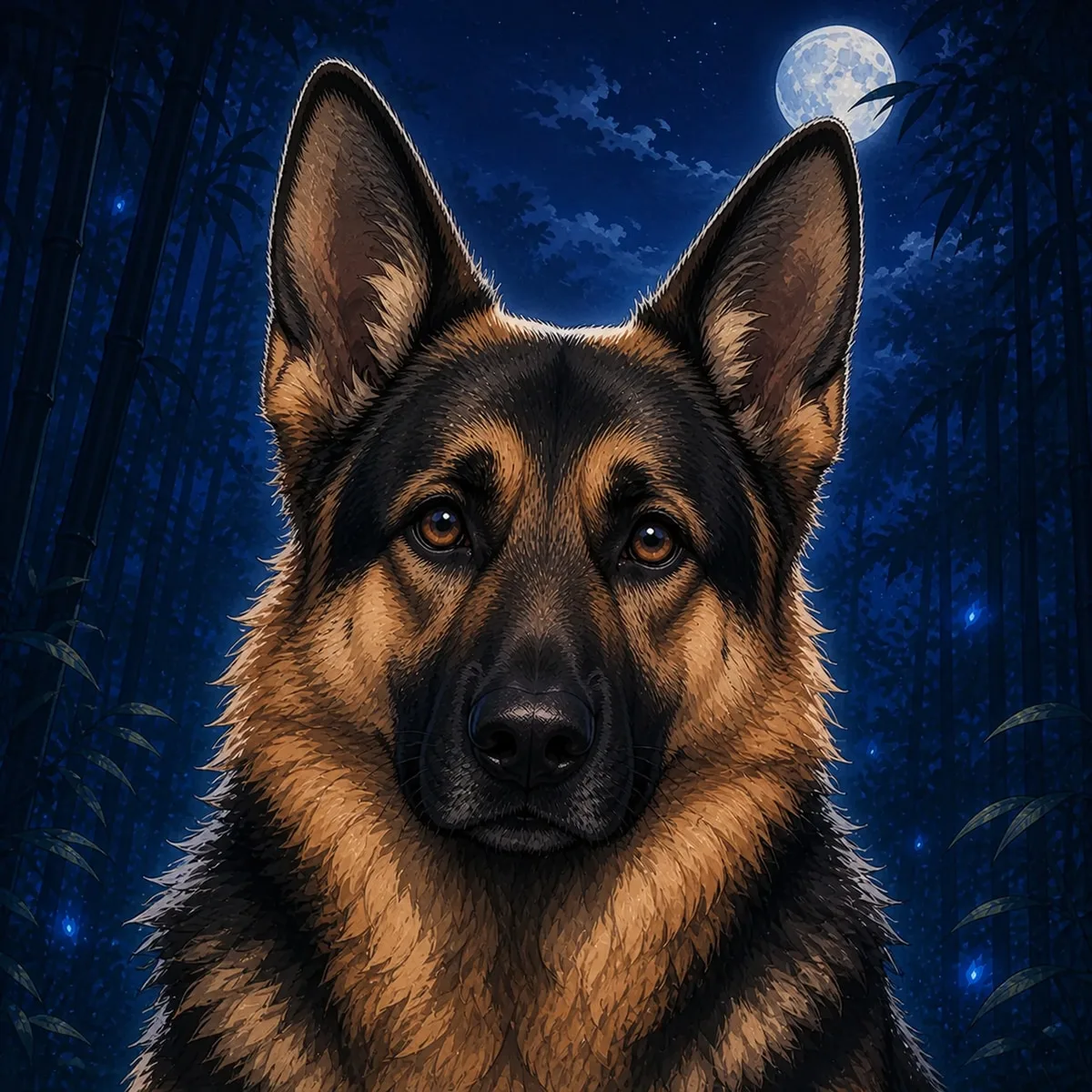 Custom anime portrait of a German Shepherd with double coat and pointed ears
