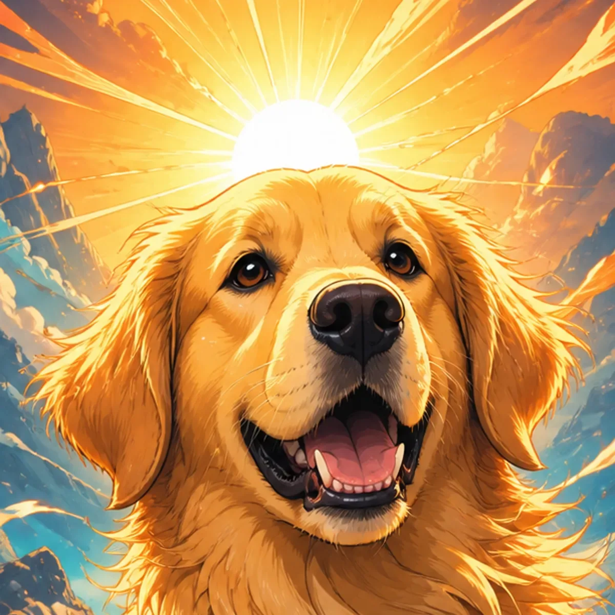 Custom anime portrait of a Golden Retriever with golden flowing coat and gentle expression