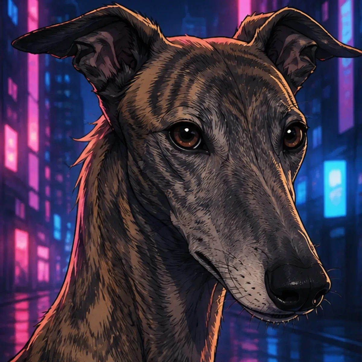 Custom anime portrait of a Greyhound with brindle coat and long narrow head
