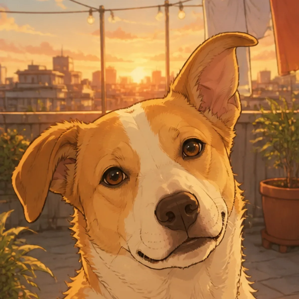 Custom anime portrait of a tan and white mixed-breed dog with a white blaze and one upright ear