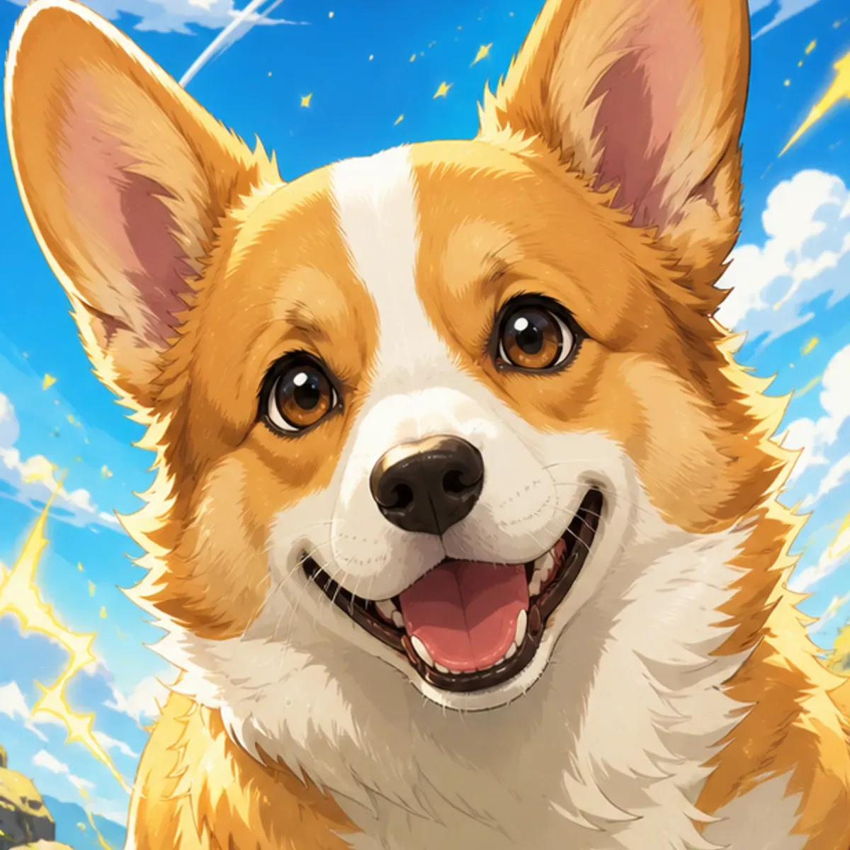 Custom anime portrait of a Pembroke Welsh Corgi with fluffy double coat and large upright ears