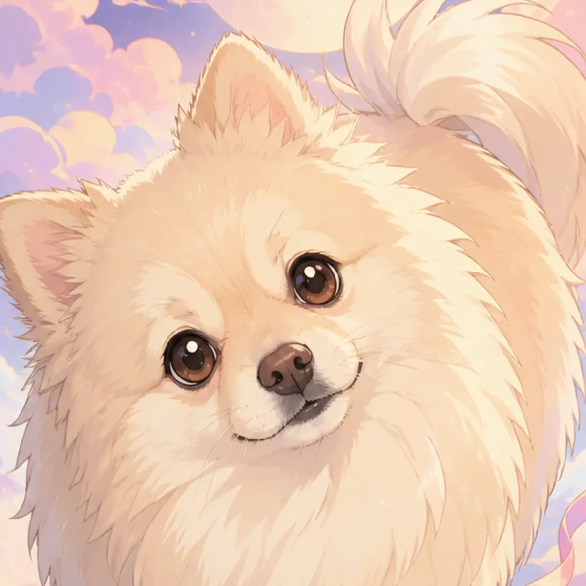 Custom anime portrait of a Pomeranian with thick double coat ruff and fox-like pointed face