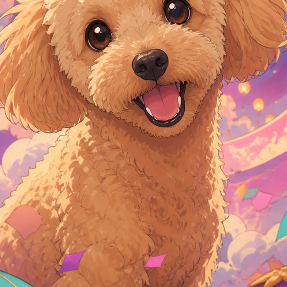 Custom anime portrait of a Poodle with curly coat and elegant bearing
