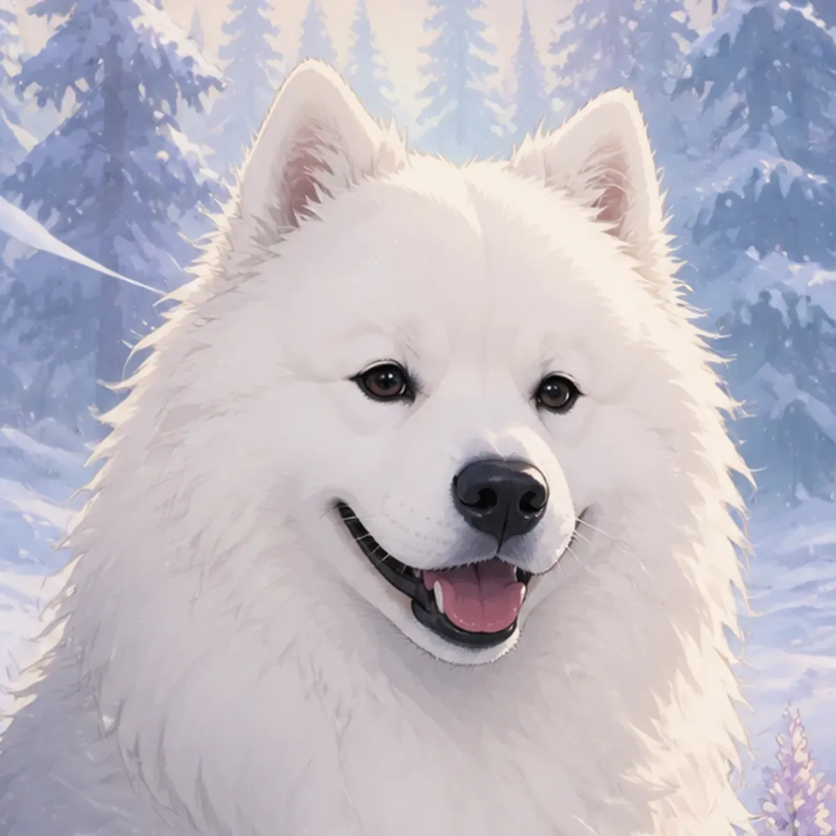 Custom anime portrait of a Samoyed with pure white double coat and permanent Sammy smile