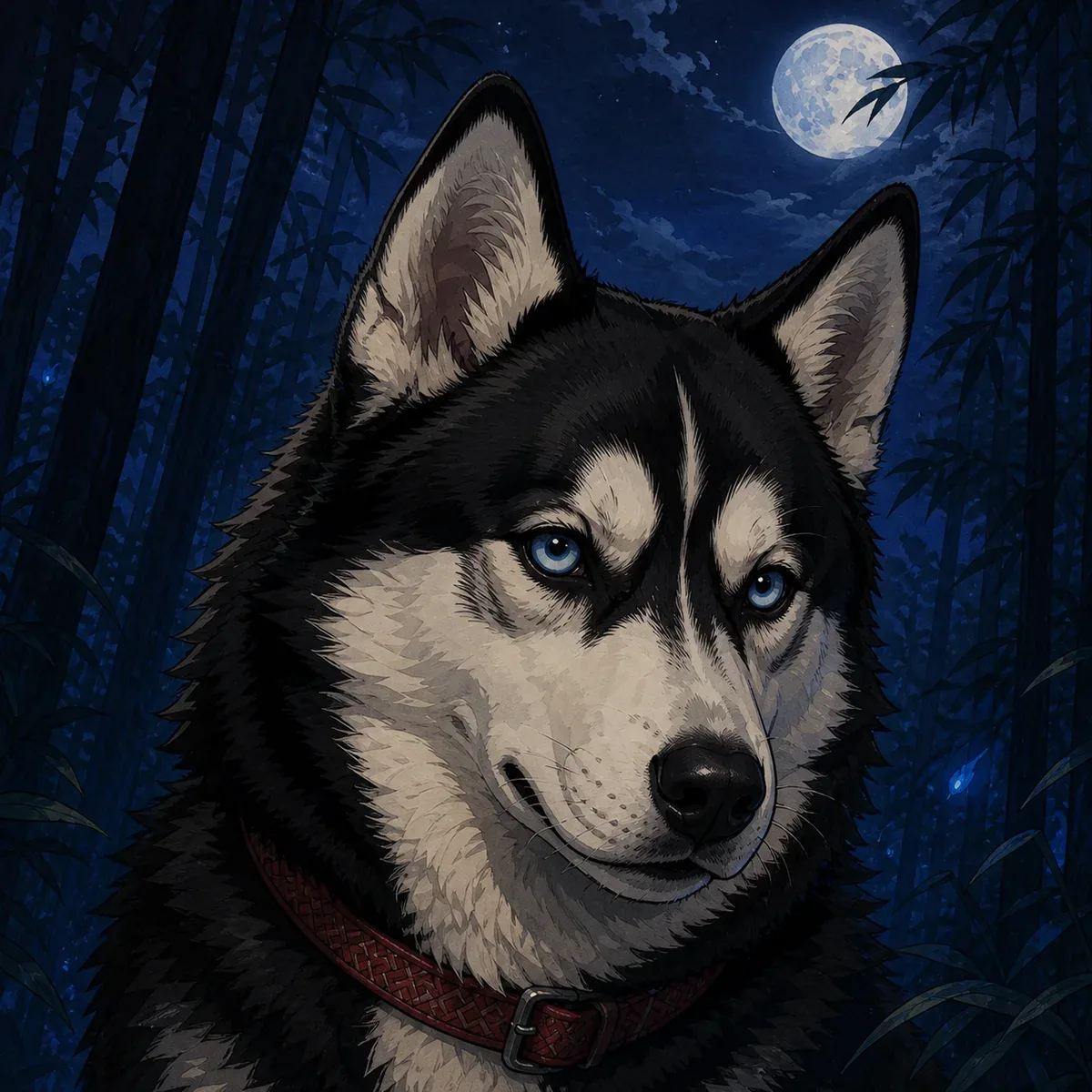 Custom anime portrait of a Siberian Husky with thick double coat and striking blue eyes
