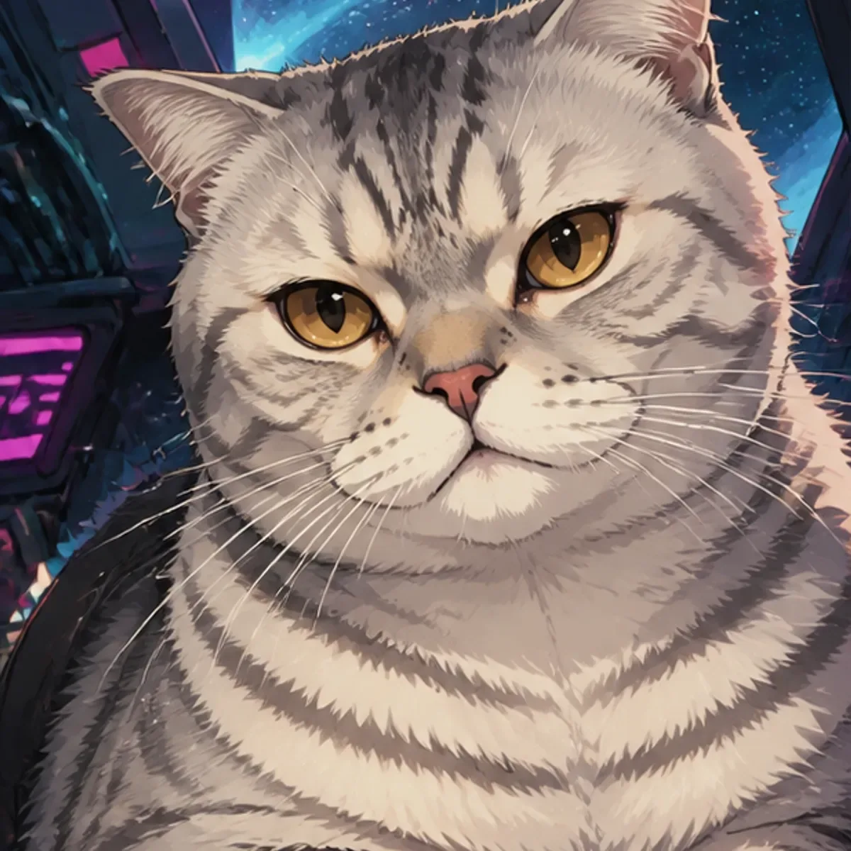 Custom anime portrait of a Tabby Cat with silver striped markings and warm expressive eyes