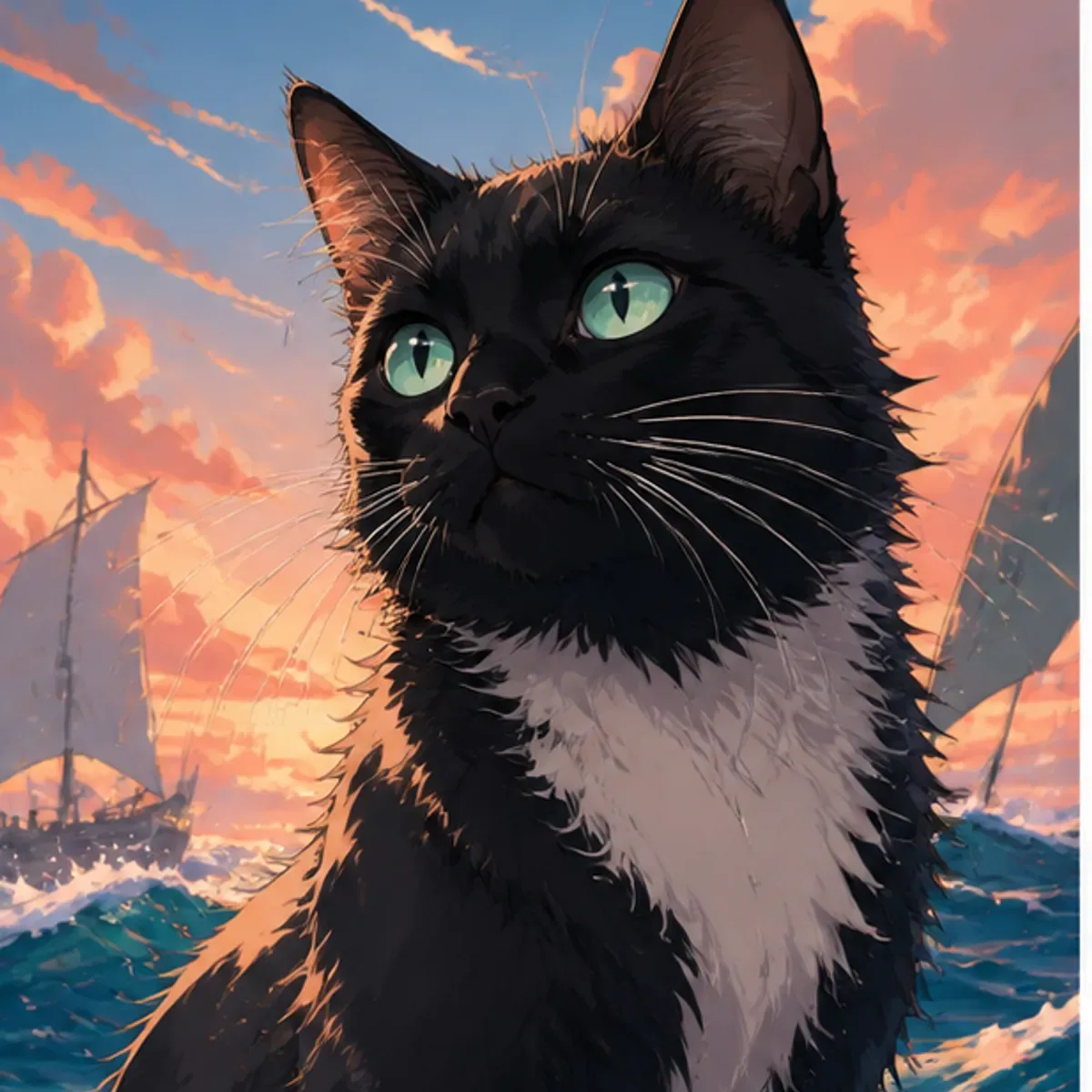 Custom anime portrait of a Tuxedo Cat with black and white bicolor coat and bright green eyes