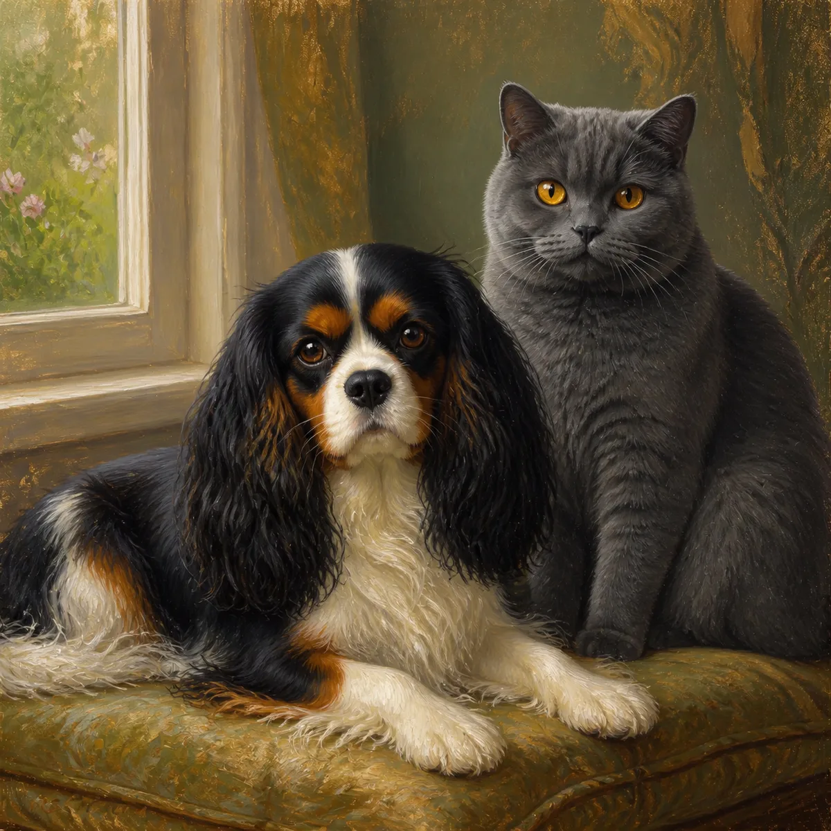 Custom oil painting portrait of a tricolor Cavalier King Charles Spaniel and a grey British Shorthair cat on a window seat