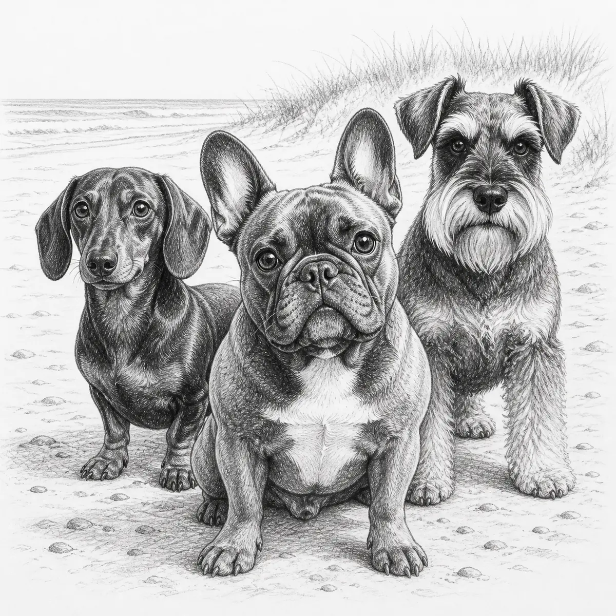 Custom pencil sketch portrait of three dogs on a beach: a dachshund, a French bulldog, and a miniature schnauzer