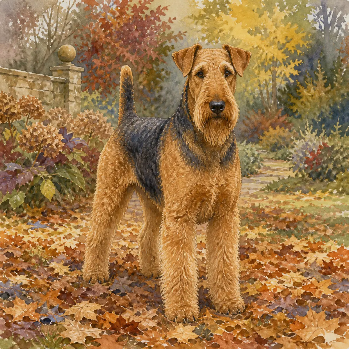 Custom watercolor portrait of an Airedale Terrier, tan with black saddle