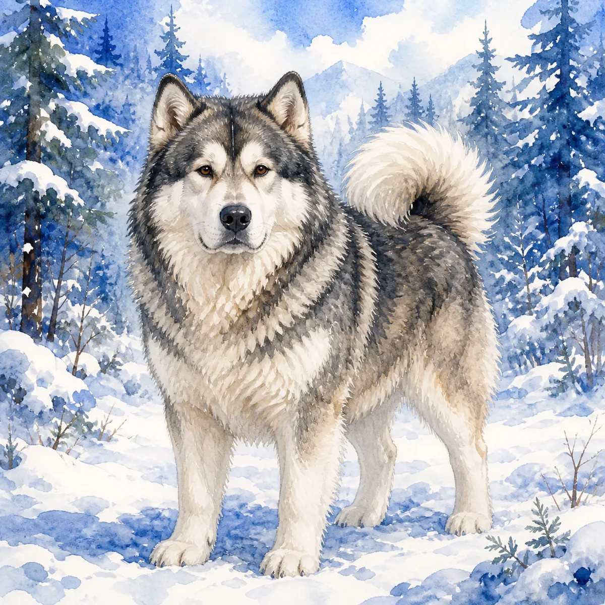 Custom watercolor portrait of an Alaskan Malamute, grey and white