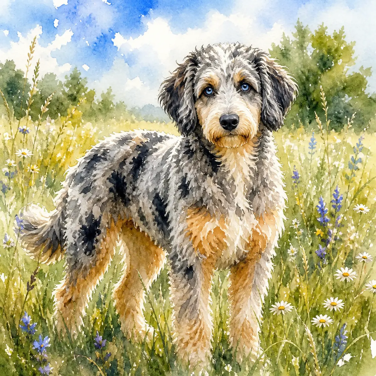 Custom watercolor portrait of an Aussiedoodle, blue merle wavy