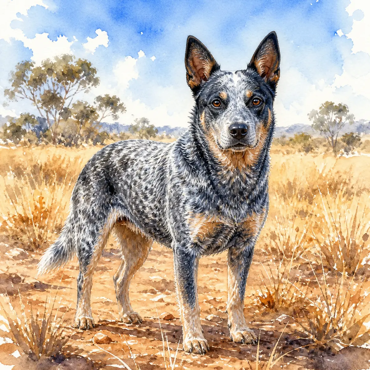 Custom watercolor portrait of an Australian Cattle Dog, blue speckled/mottled