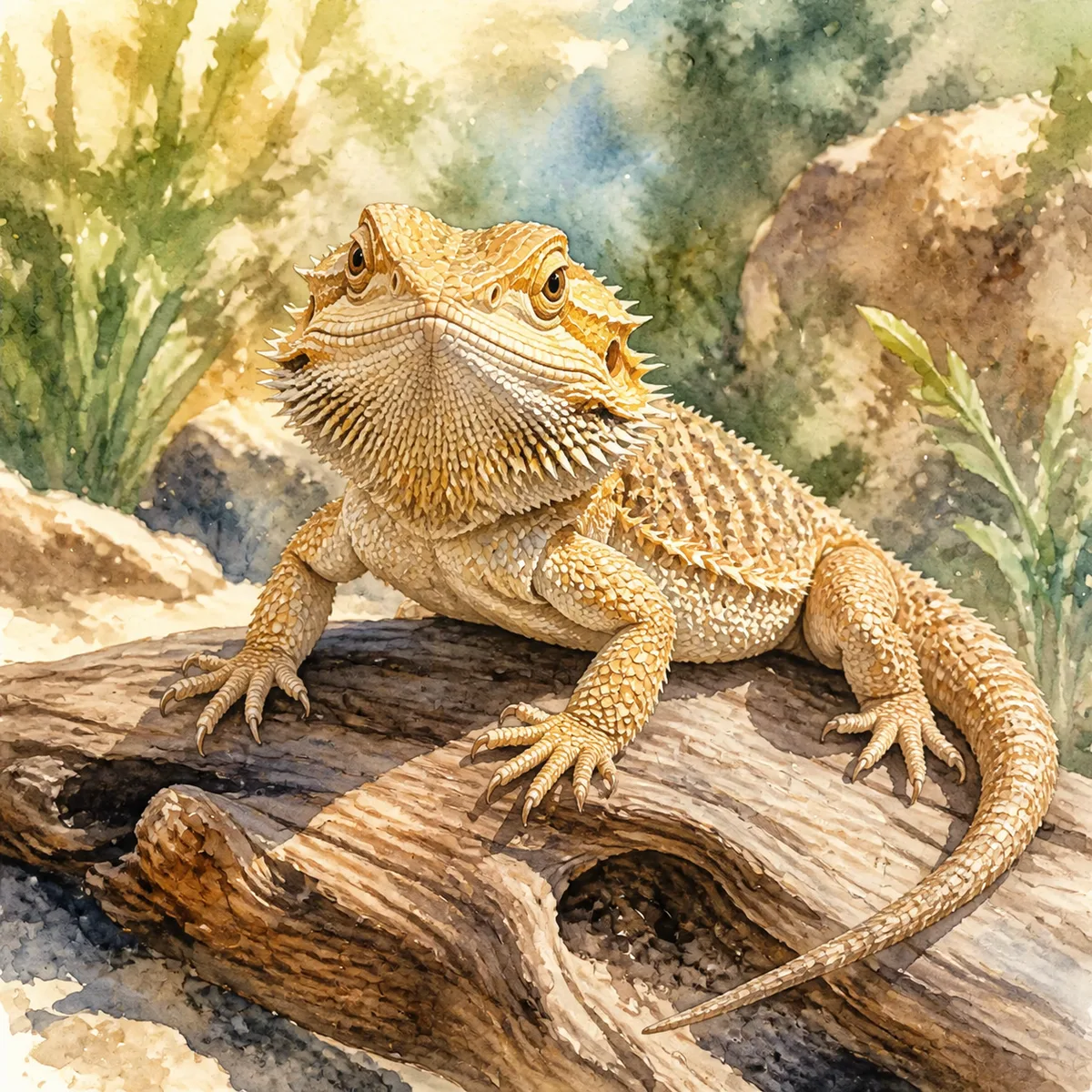 Custom watercolor pet portrait of a tan bearded dragon perched on a piece of driftwood