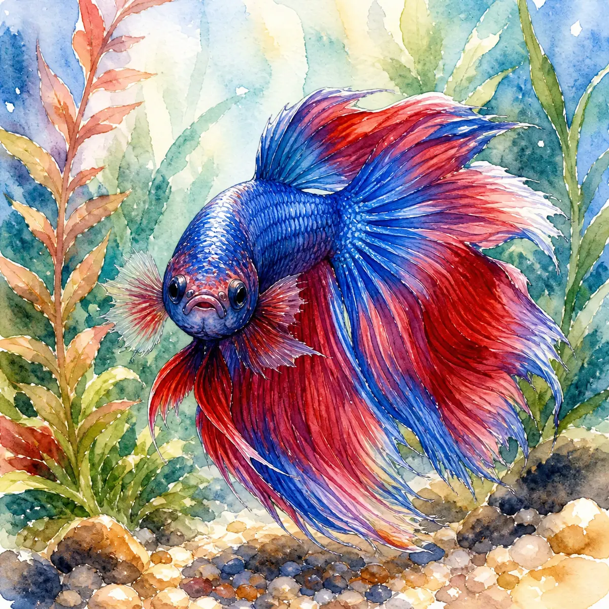 Custom watercolor pet portrait of a blue-and-red betta fish with flowing fins swimming in a planted tank