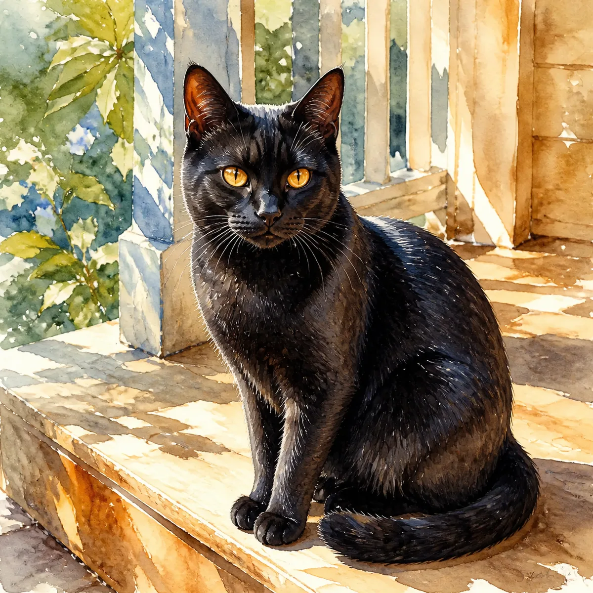 Custom watercolor portrait of a Black Cat, solid jet black