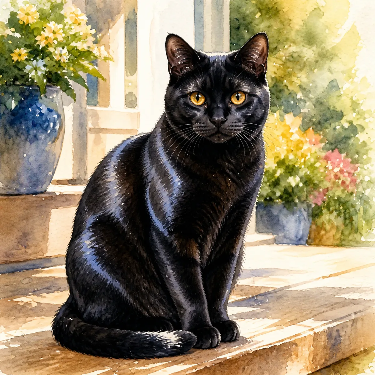 Custom watercolor portrait of a Bombay Cat, solid jet black (patent-leather sheen)