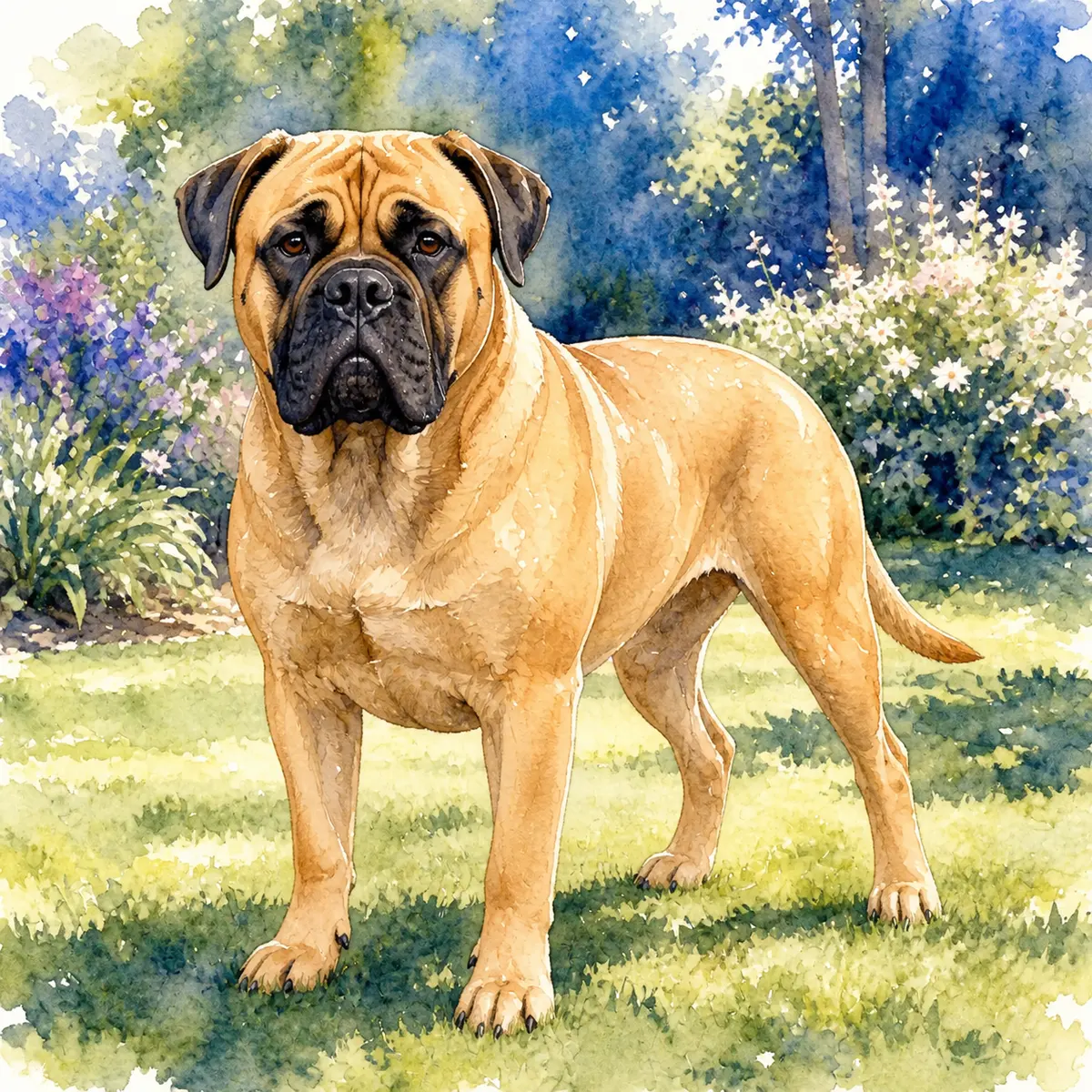 Custom watercolor portrait of a Bullmastiff, fawn