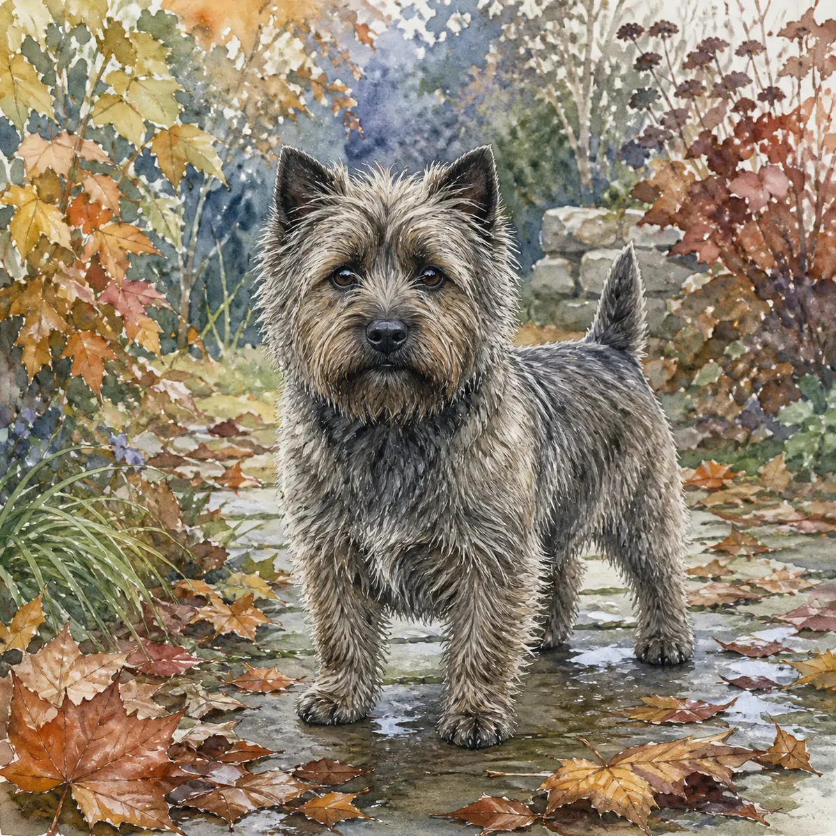 Custom watercolor portrait of a Cairn Terrier, grey brindle