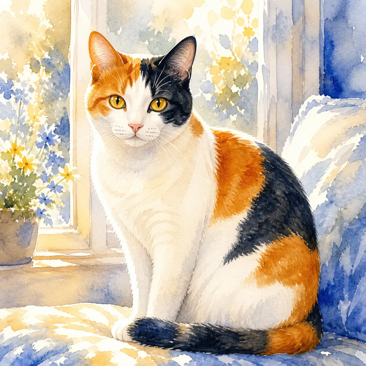 Custom watercolor portrait of a Calico Cat, white, orange, and black patches