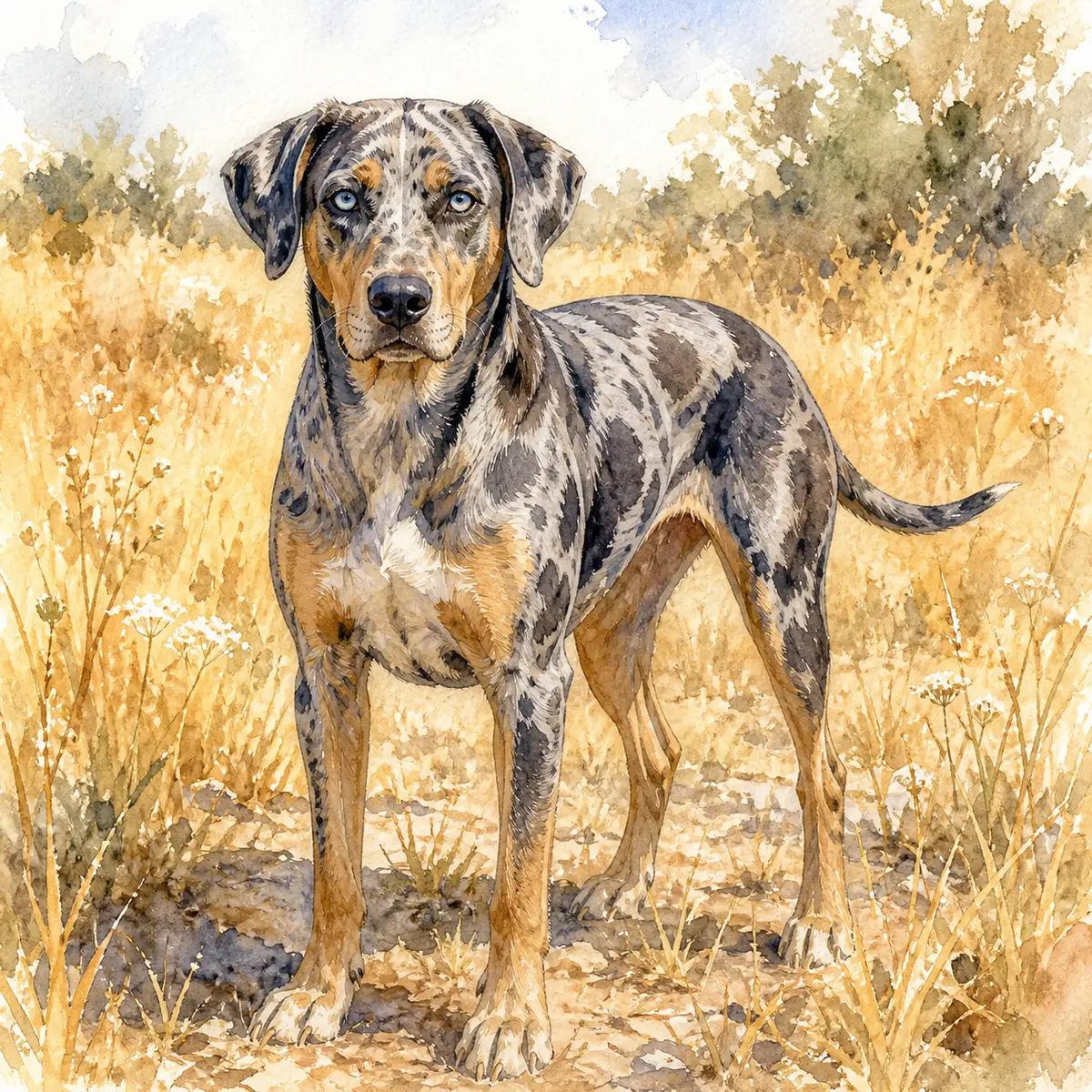 Custom watercolor portrait of a Catahoula Leopard Dog, blue merle/leopard
