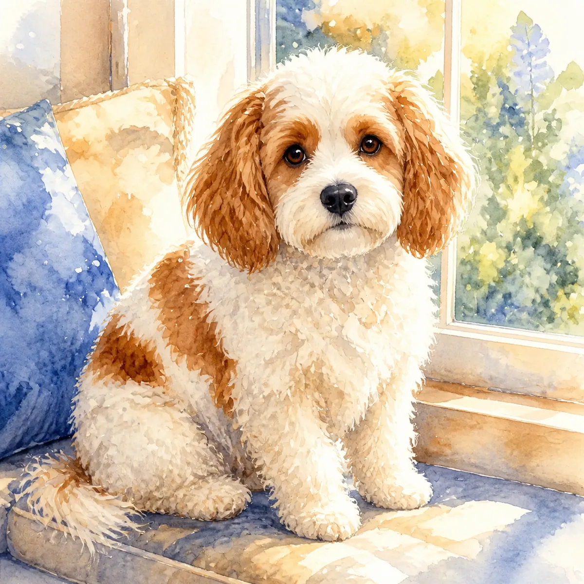Custom watercolor portrait of a Cavachon, white and chestnut wavy