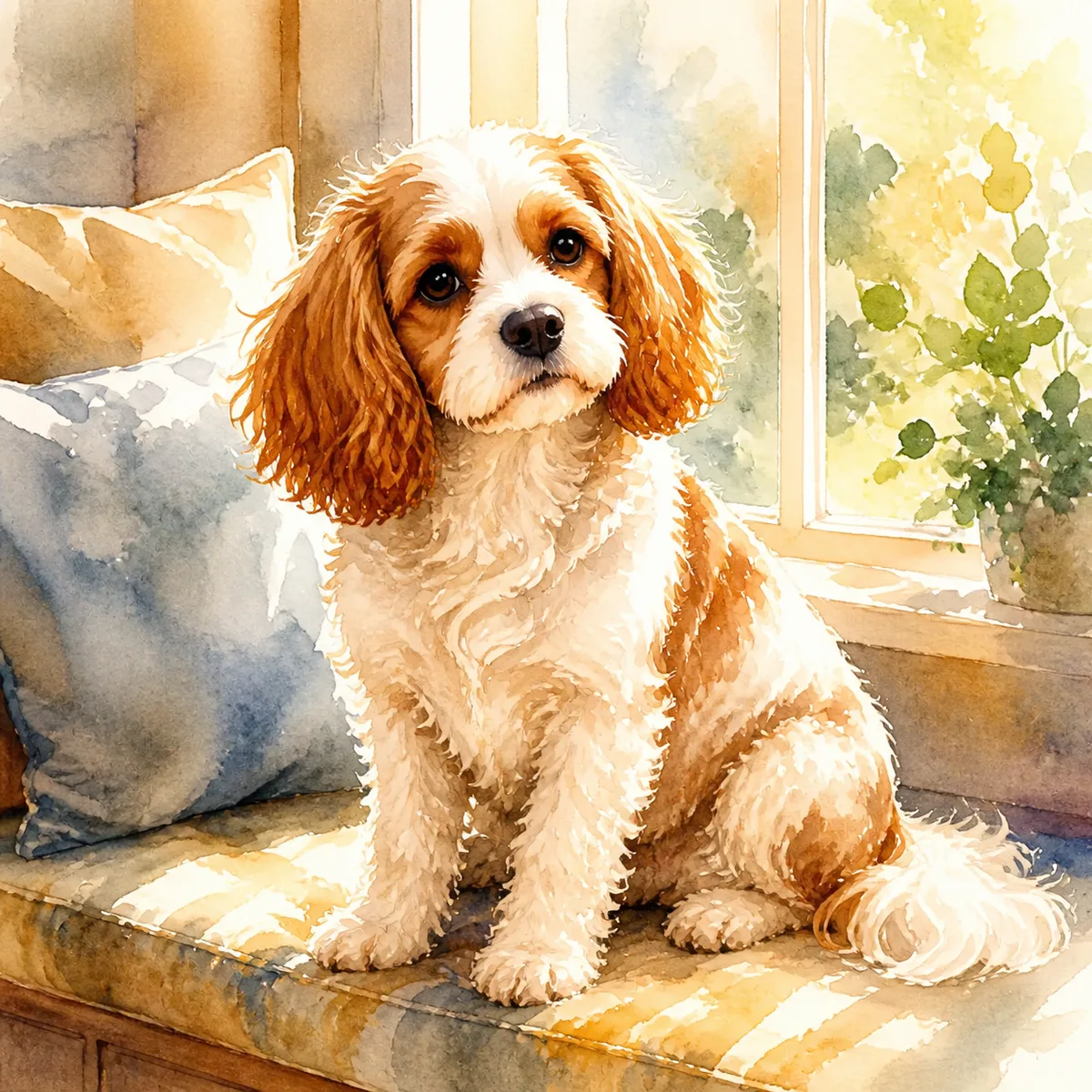 Custom watercolor portrait of a Cavapoo, blenheim (chestnut and white) wavy