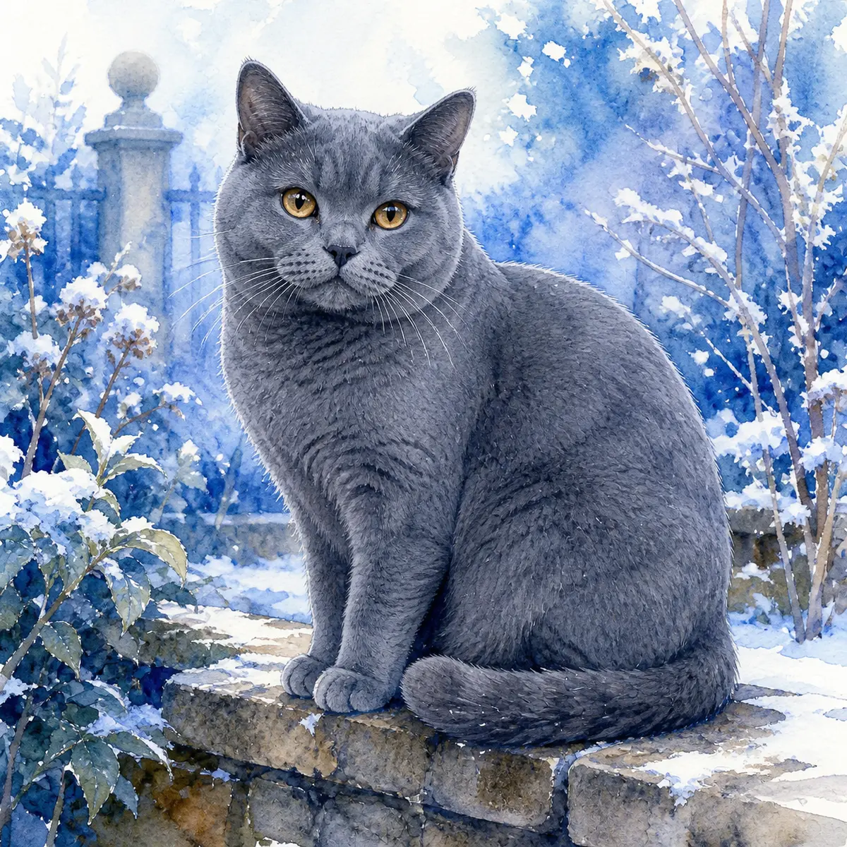 Custom watercolor portrait of a Chartreux, solid blue-grey