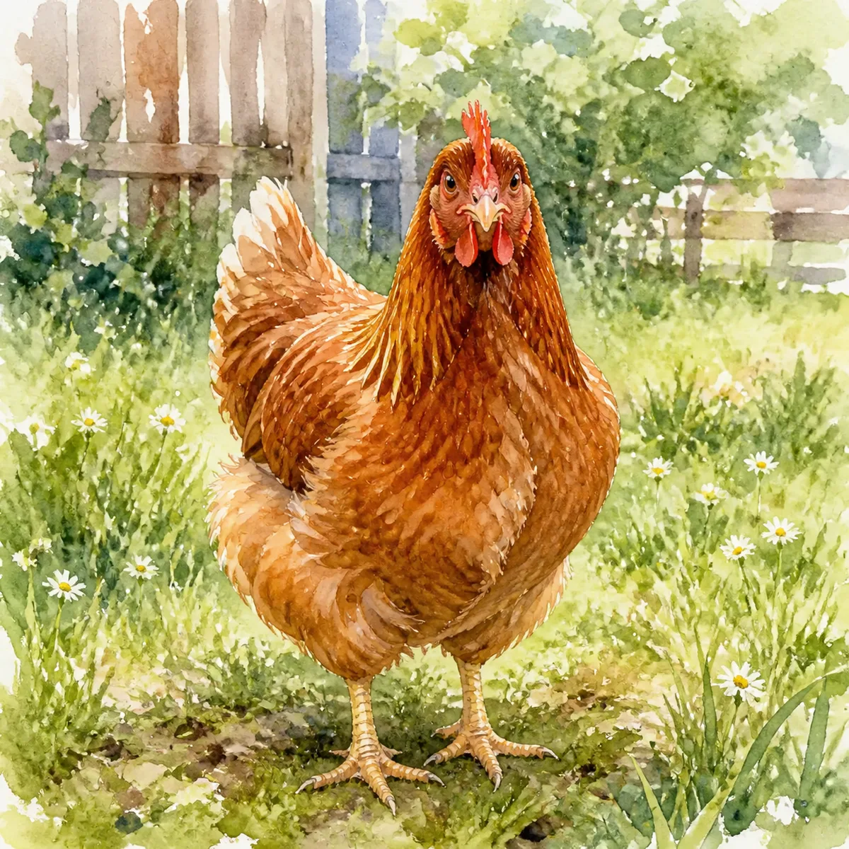 Custom watercolor pet portrait of a red-and-brown hen standing in a grassy farmyard
