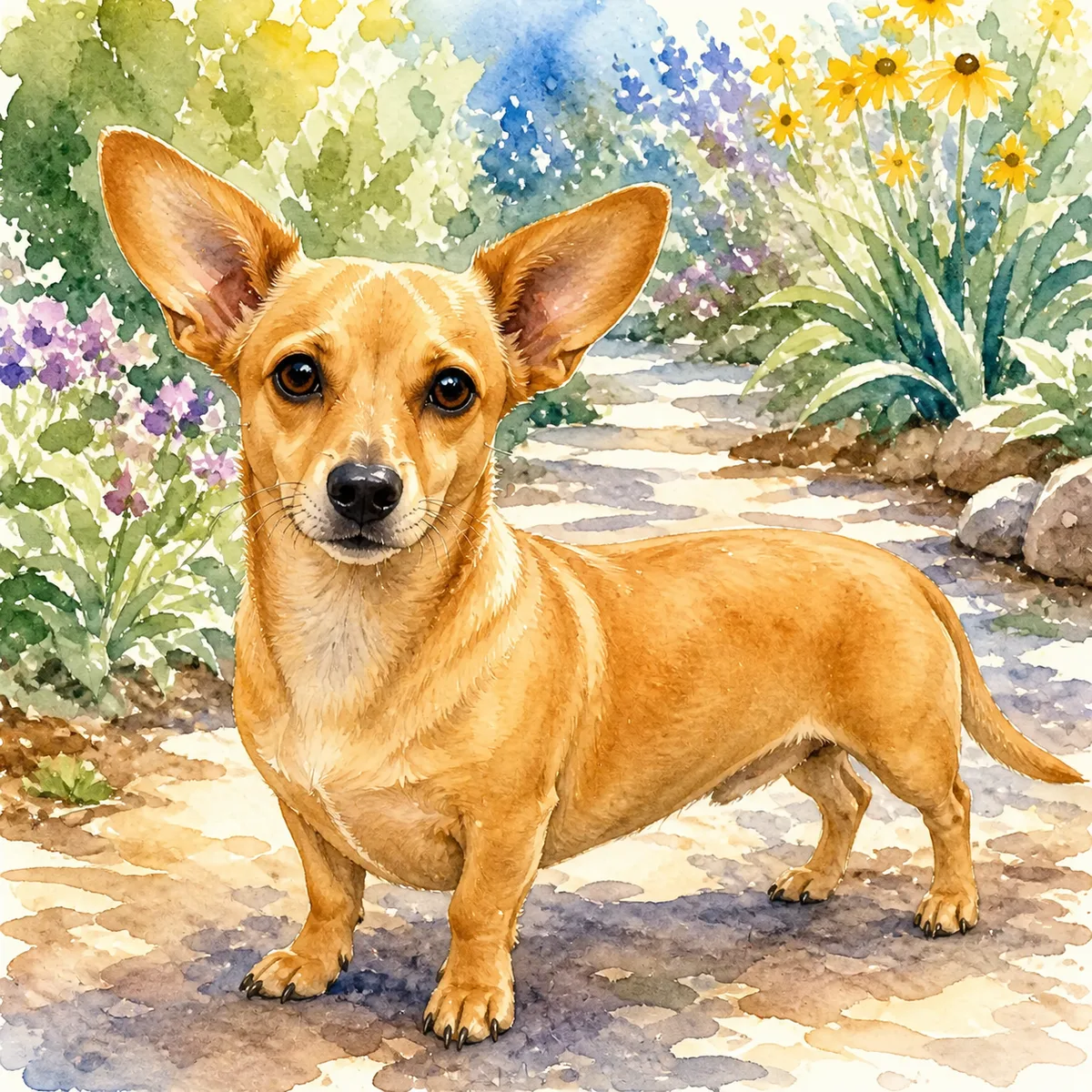 Custom watercolor portrait of a Chiweenie, smooth tan