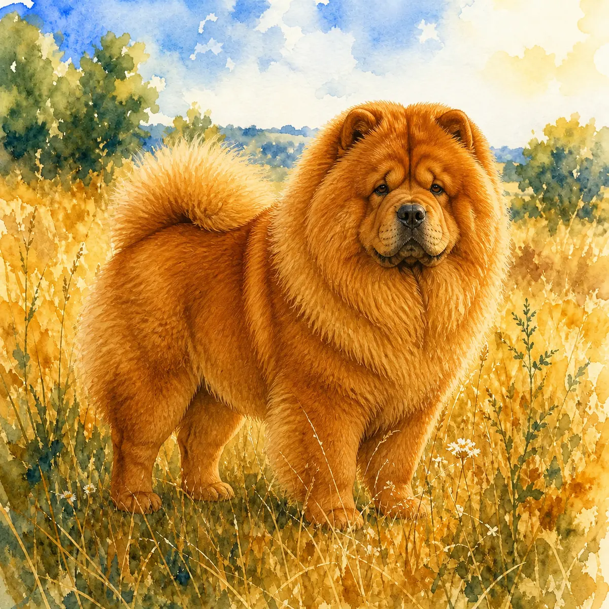 Custom watercolor portrait of a Chow Chow, red
