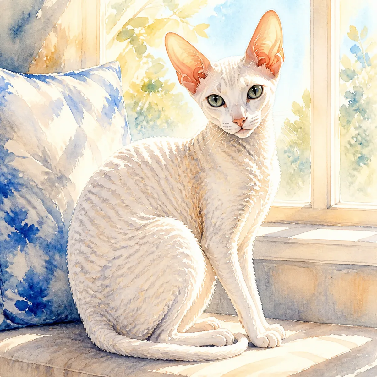 Custom watercolor portrait of a Cornish Rex, wavy solid white