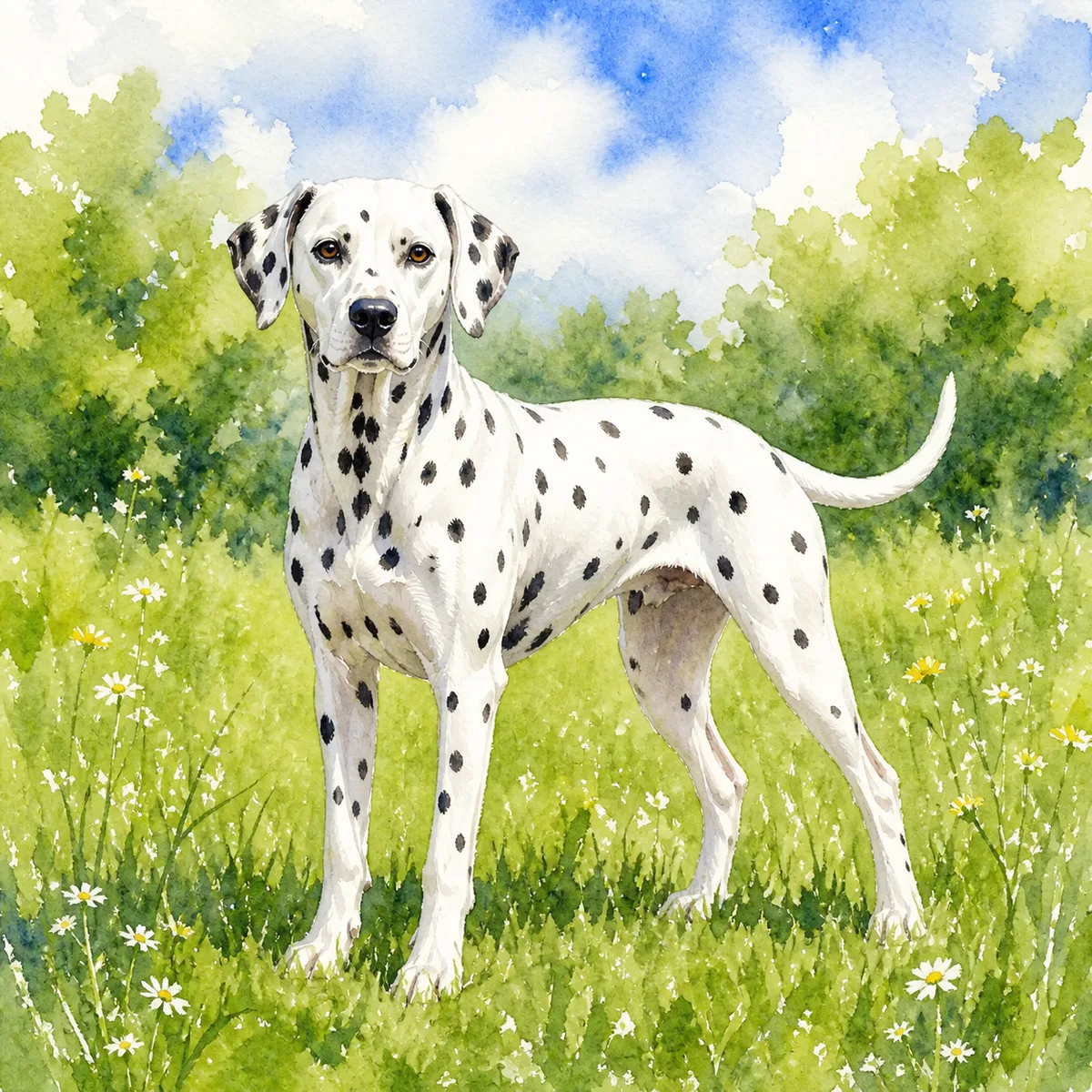 Custom watercolor portrait of a Dalmatian, white with black spots