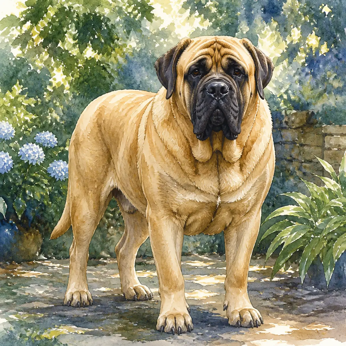 Custom watercolor portrait of an English Mastiff, fawn