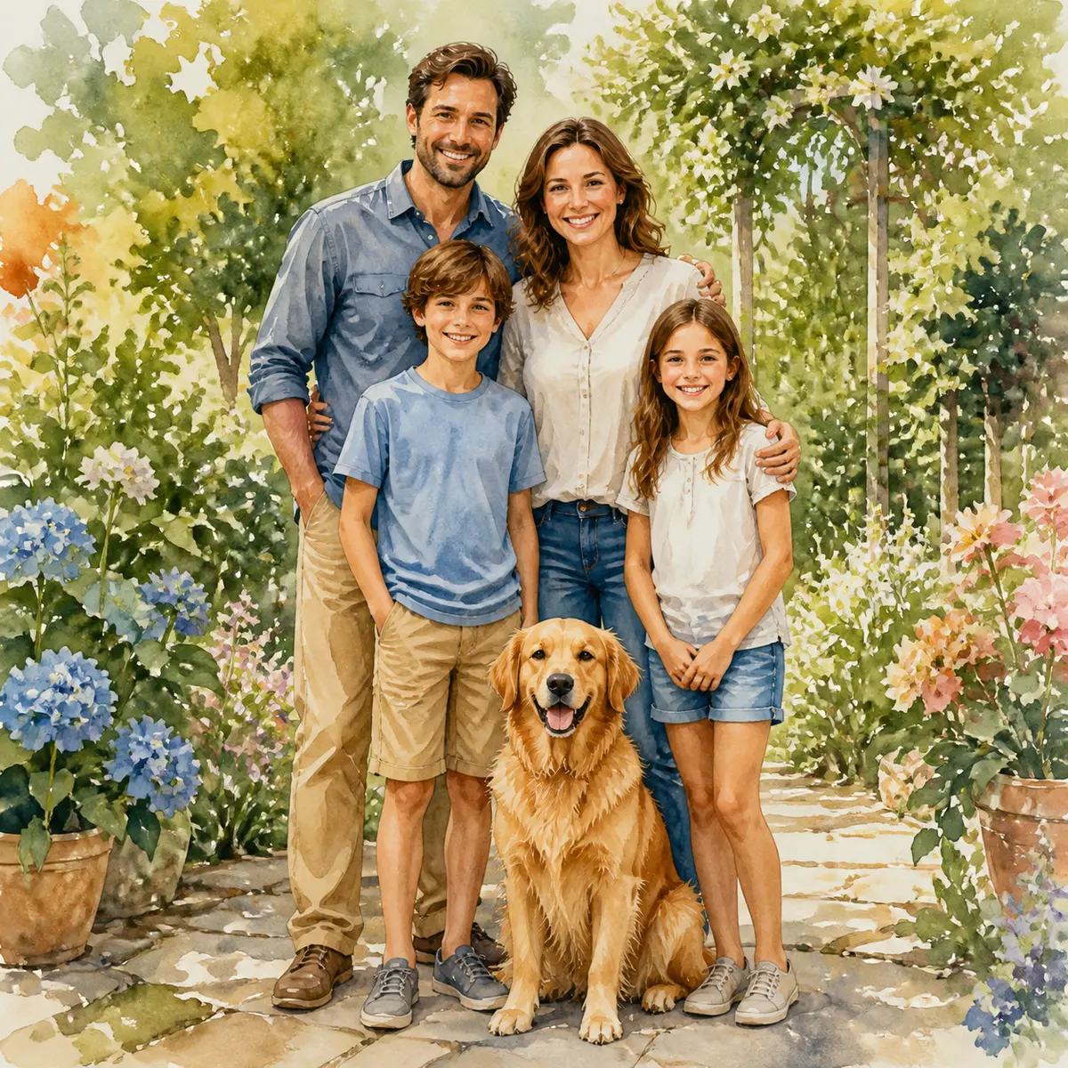 Custom watercolor pet portrait of a family of four standing together with their golden retriever in a garden, no text anywhere