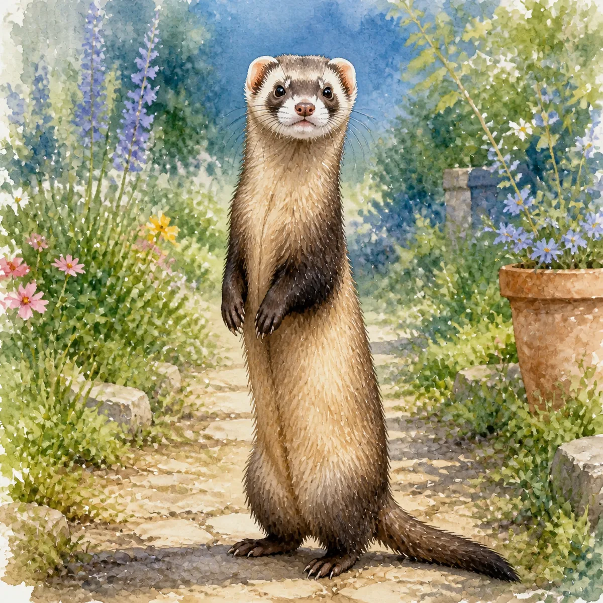 Custom watercolor pet portrait of a sable ferret with a black mask standing alert on its hind legs