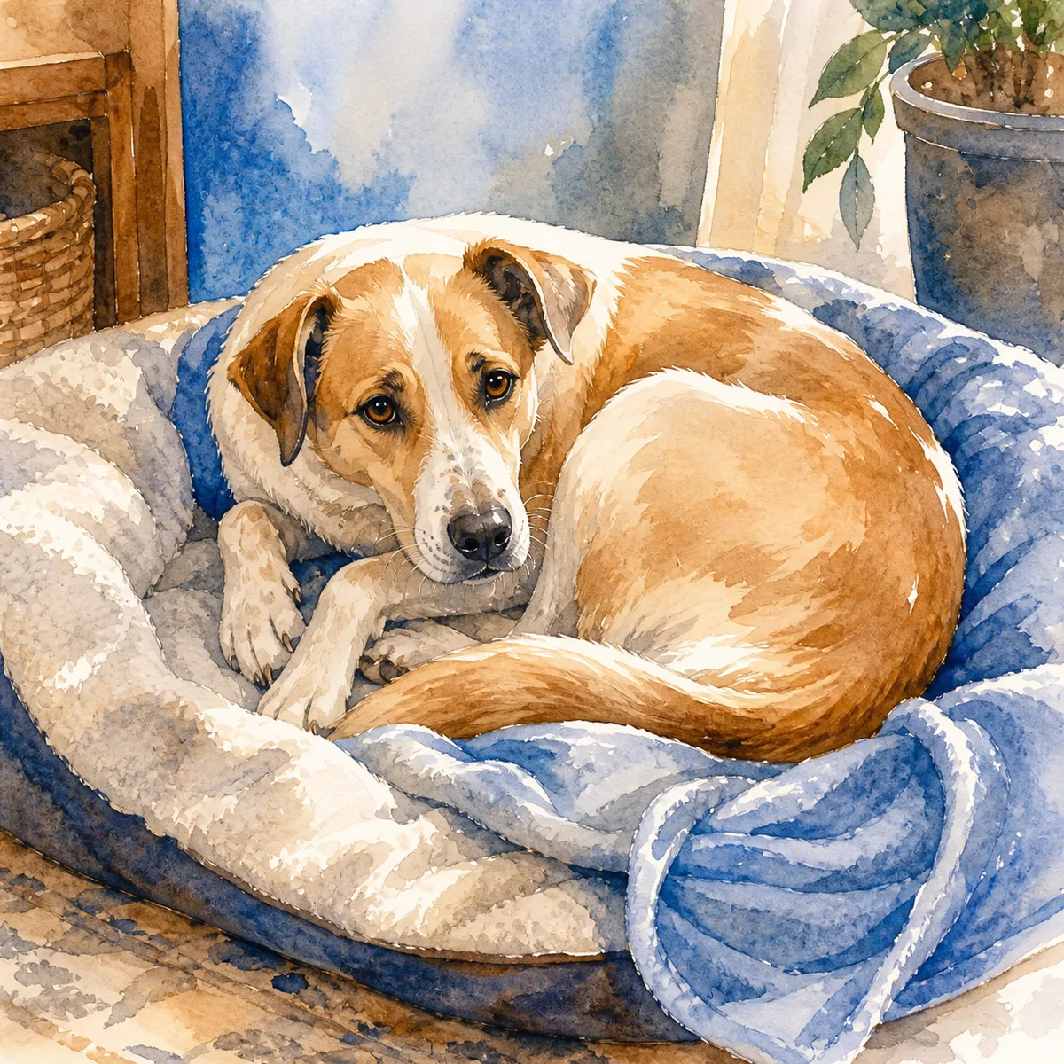 Custom watercolor pet portrait of a shy tan-and-white mixed-breed dog curled on a soft blanket-lined bed
