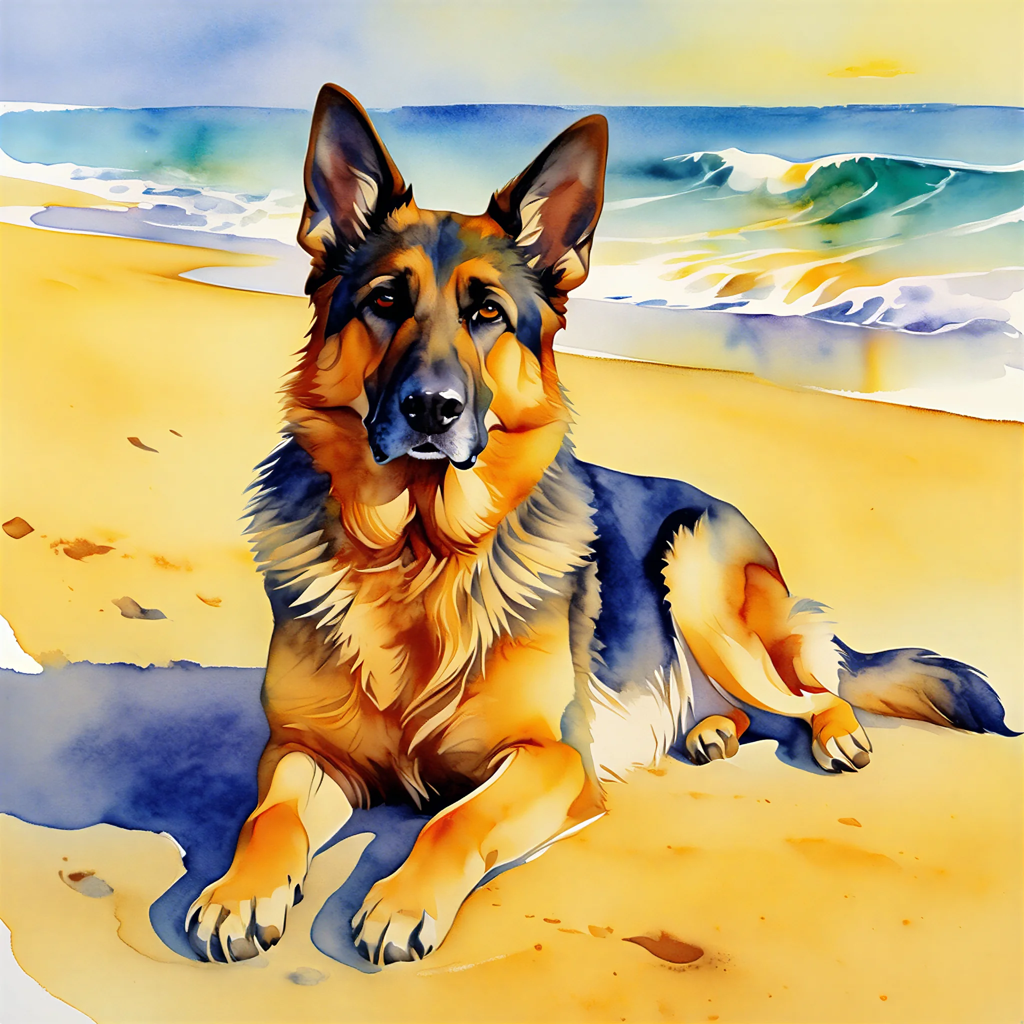 Custom watercolor portrait of a German Shepherd