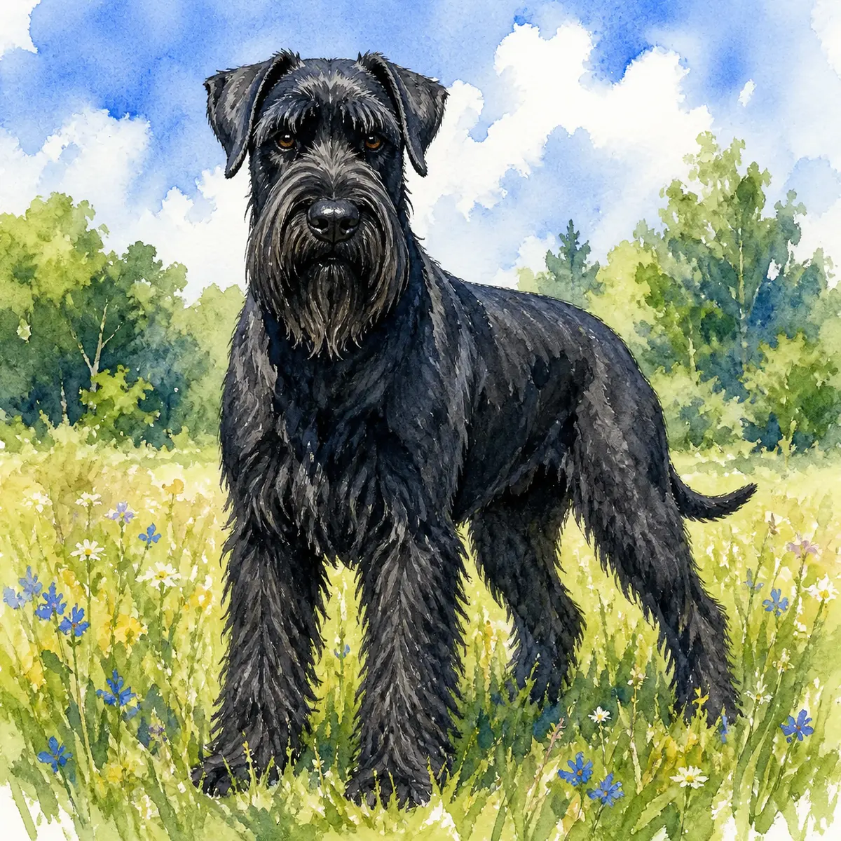 Custom watercolor portrait of a Giant Schnauzer, solid black