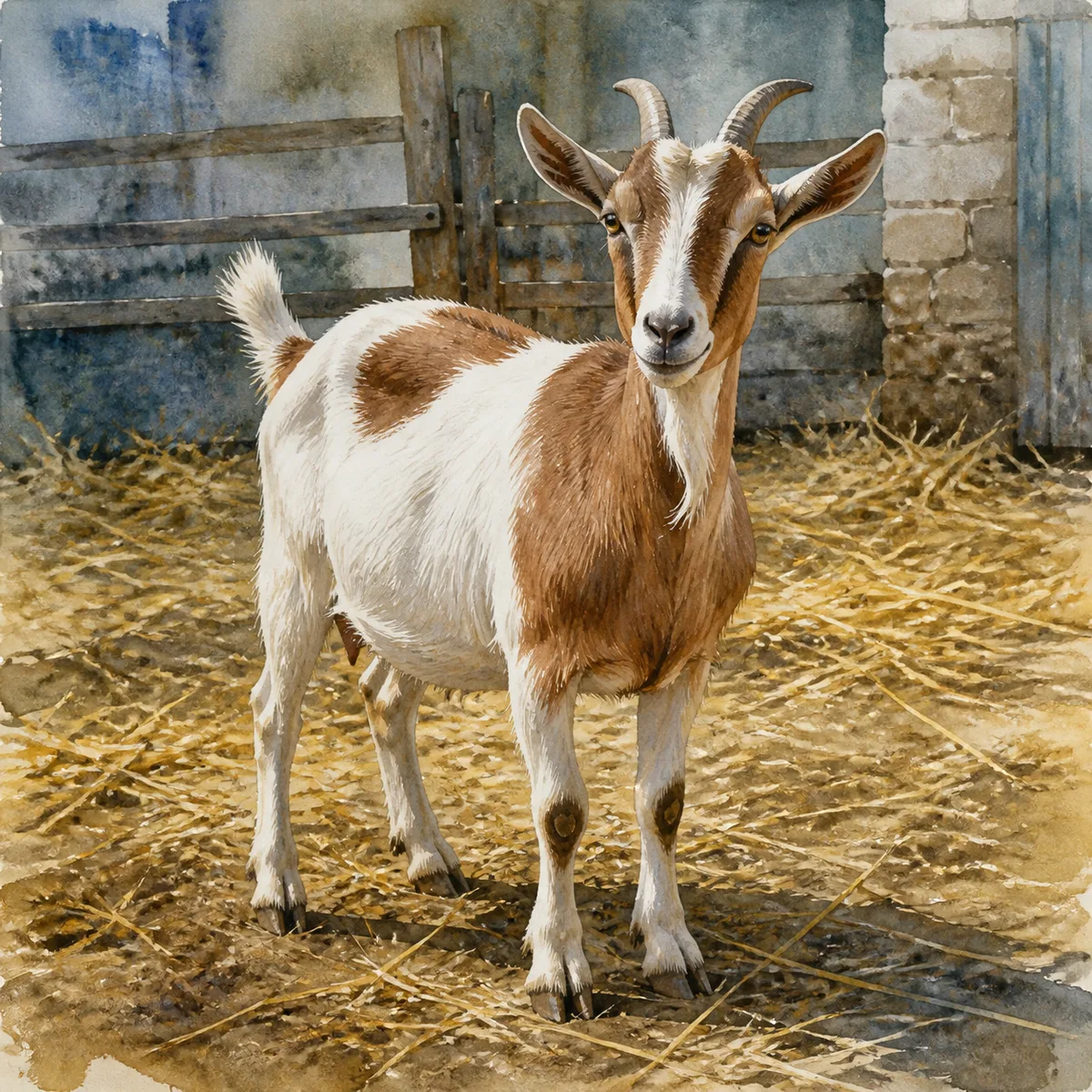 Custom watercolor pet portrait of a brown-and-white goat standing in a straw-strewn farmyard pen