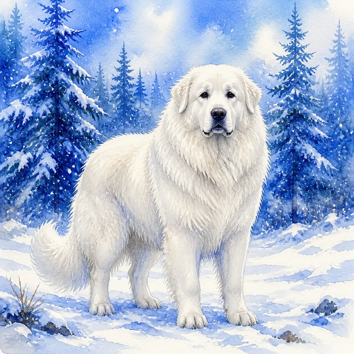 Custom watercolor portrait of a Great Pyrenees, solid white